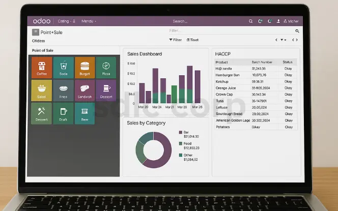 Odoo restaurant POS dashboard on a laptop