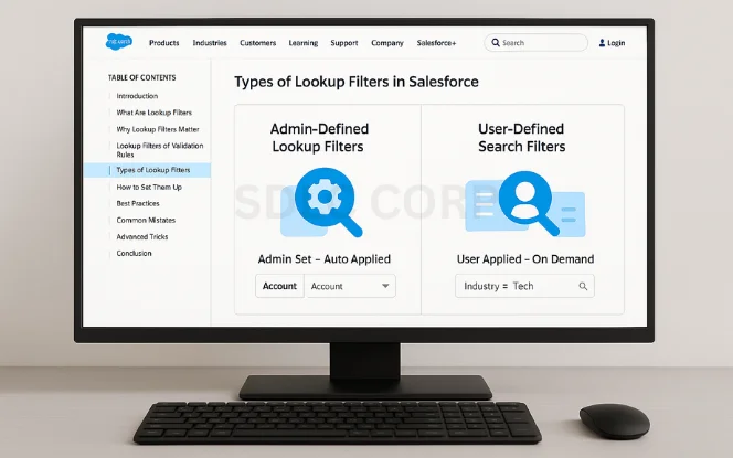 Salesforce interface titled "Types of Lookup Filters in Salesforce" showing Admin-Defined Lookup Filters (auto applied) and User-Defined Search Filters (applied on demand).