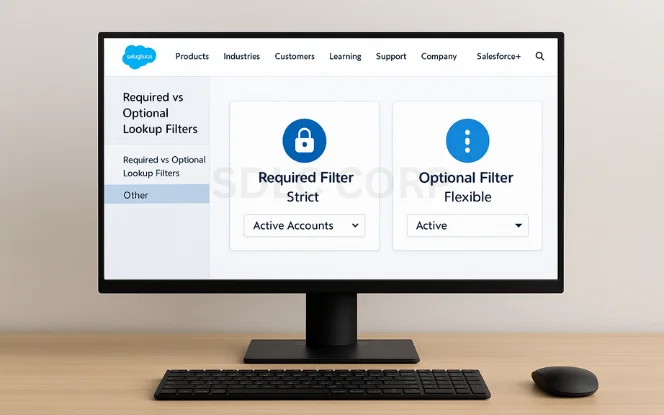 Salesforce interface displaying "Required vs Optional Lookup Filters" — Required Filter (Strict) vs Optional Filter (Flexible), applied to Active Accounts.