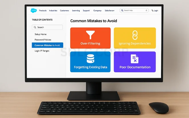 Salesforce screen titled "Common Mistakes to Avoid" showing four highlighted issues: Over-Filtering, Ignoring Dependencies, Forgetting Existing Data, and Poor Documentation.