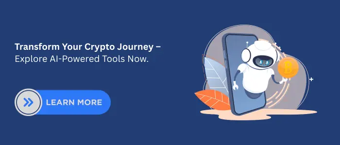 Call-to-action banner with AI assistant holding Bitcoin, encouraging users to explore AI-powered cryptocurrency tools for better trading.