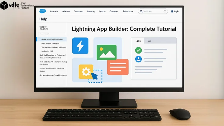 Computer screen showing Salesforce Lightning App Builder tutorial titled "Lightning App Builder: Complete Tutorial" with colorful icons for components like image, settings, and tabs.