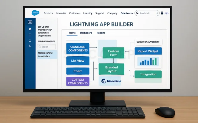 Monitor displaying Salesforce Lightning App Builder tutorial with a flow diagram showing Standard Components, Custom Components, Custom Form, and Report Widget integration.