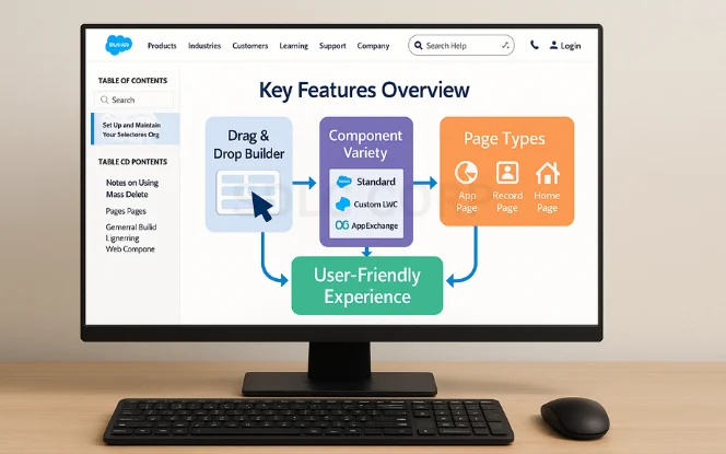 Key Features Overview of Lightning App Builder shown on a desktop screen with drag-and-drop builder, component variety, page types, and user-friendly experience.