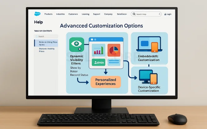 Advanced customization options in Salesforce Lightning App Builder featuring dynamic visibility filters, embedded customization, and personalized device experiences.
