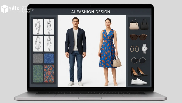 Generative AI fashion design software displaying outfits, fabrics, and accessories.