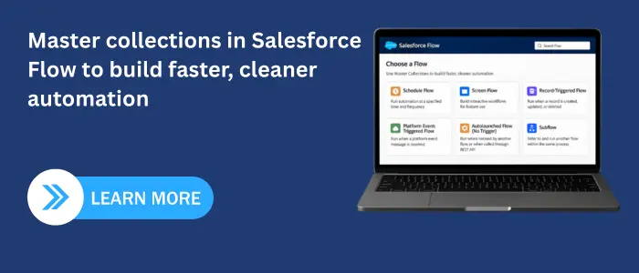 Salesforce Flow banner showing a laptop with flow options and text promoting faster, cleaner automation.