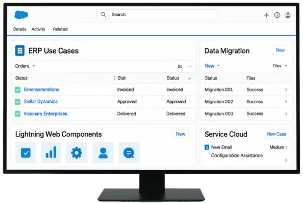 A wide-angle photo of a Dell monitor on a clean wooden desk displaying a Salesforce Lightning dashboard with panels for ERP use cases, data migration, Lightning Web Components, and Service Cloud, against a plain white background with a keyboard and mouse in view.