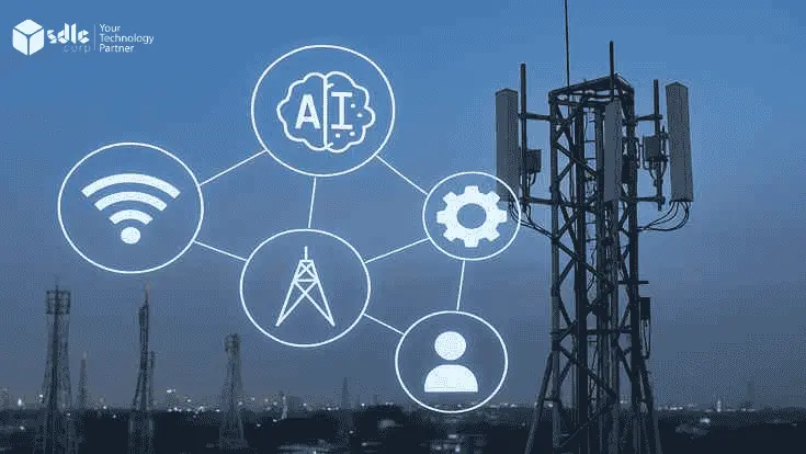 AI for telecommunications showing 5G tower and connected network lines in a modern city skyline.