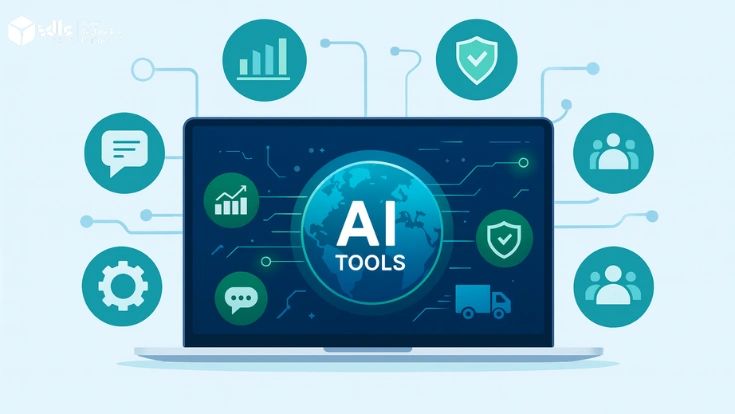 Laptop showing AI tools dashboard with icons for chat, analytics, security, automation, and team management.