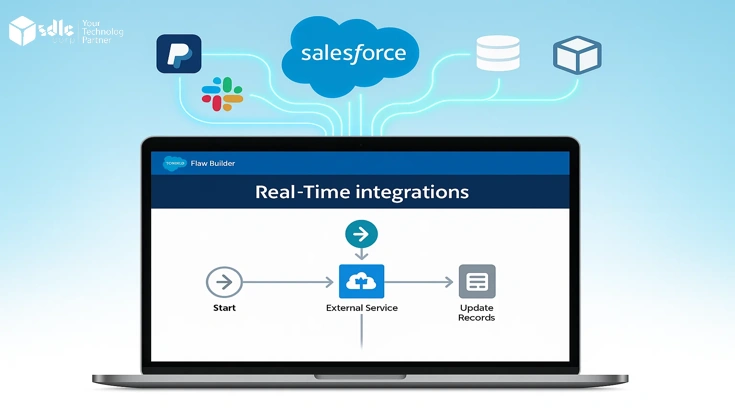 Salesforce Flow Builder on a laptop screen showing real-time integration with external services like PayPal, Slack, databases, and inventory systems.
