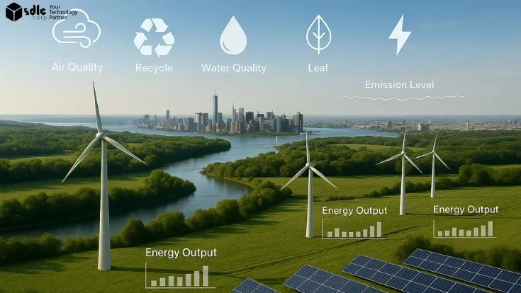 AI for environmental management with wind turbines, solar panels, and sustainability icons.