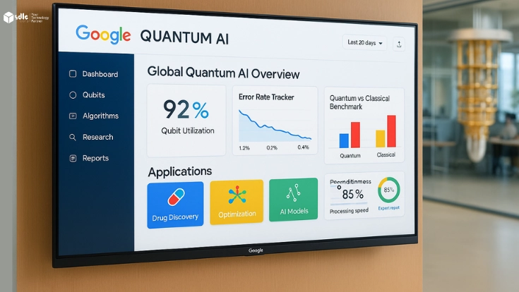 Large wall-mounted screen displaying Google Quantum AI dashboard with qubit utilization, error rate tracker, and benchmarks, set inside Google Quantum AI office.