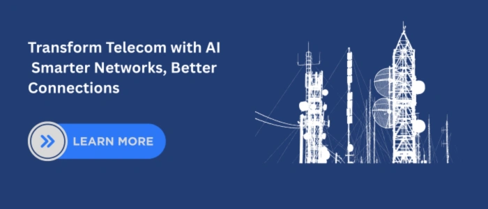 AI for telecommunications banner showing telecom towers and network connections for smarter connectivity.