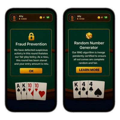 Two smartphone screens showing a poker app with fraud prevention and random number generator fairness messages.
