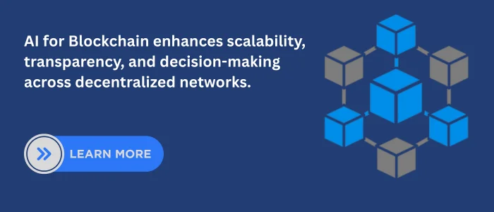Illustration showing interconnected blue blockchain cubes with text explaining how merging AI with blockchain helps achieve faster transactions and smarter automation.