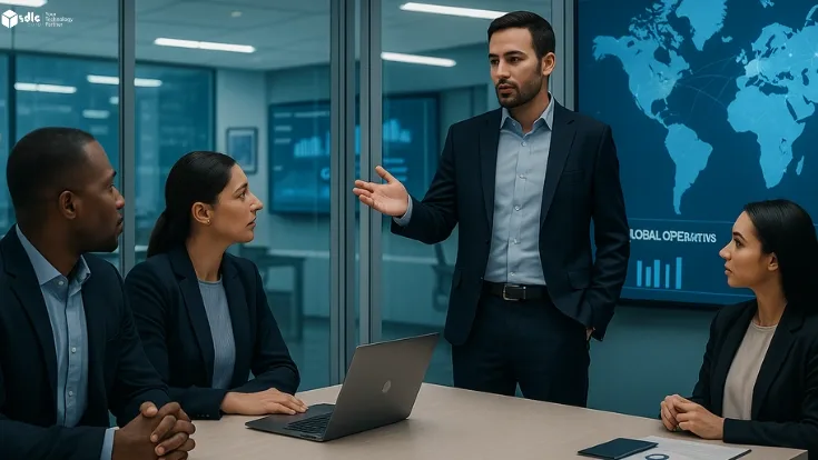 Corporate professionals in a modern office discussing Global Capability Center strategy with a world map and digital analytics screens in the background.