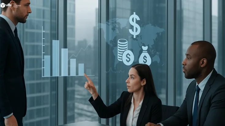 Three business professionals in a modern office analyze a financial display showing graphs and money icons, representing cost analysis and global investment data.