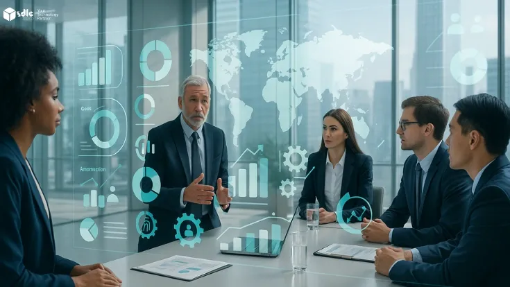 Business team in a conference room discussing data analytics with digital charts and global statistics displayed on a transparent screen.