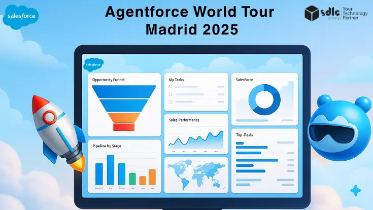 Salesforce-style dashboard screen with charts and analytics, surrounded by cloud-themed illustrations, rocket icon, and Salesforce mascot, promoting Agentforce World Tour Madrid 2025 with SDLC Corp branding.
