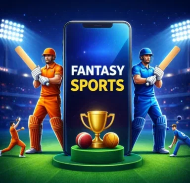fantasy sports app with cricket players and trophy on mobile screen