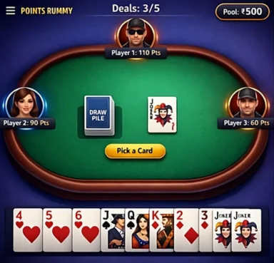 rummy card game interface with players table and deck on screen