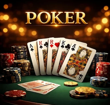poker game with playing cards chips and casino table setup