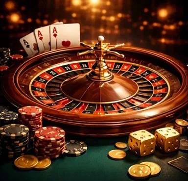 Roulette table close-up with chips, dice, coins, and playing cards under warm casino lighting.