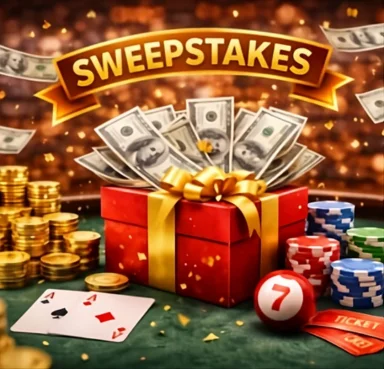 Sweepstakes casino promo scene with a gift box, cash notes, chips, coins, and playing cards on a glowing background.