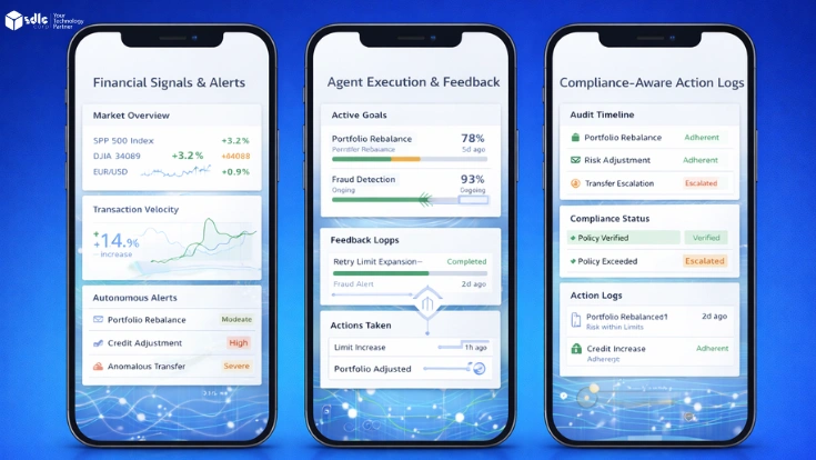 gentic AI finance dashboard showing real-time signals, autonomous decision alerts, agent execution status, and compliance-aware action logs within a professional enterprise AI interface.