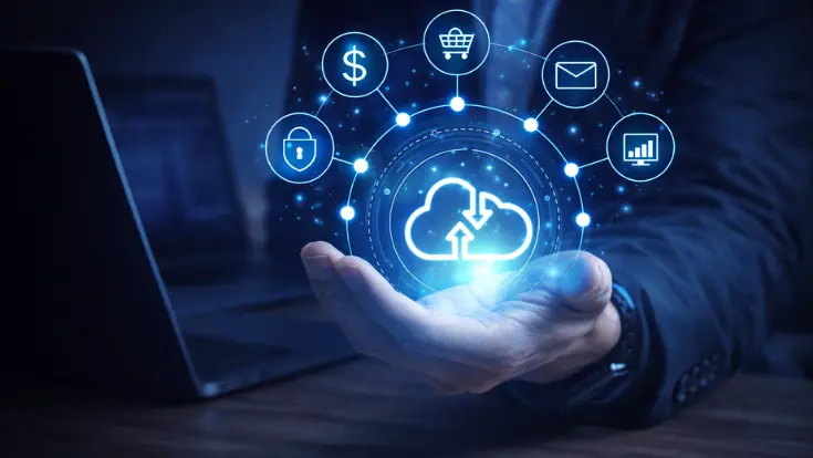 Custom software development services visual showing secure cloud architecture and integrated digital systems supporting scalable enterprise applications.