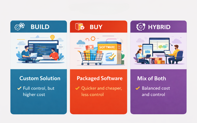 Build vs Buy software comparison showing build, buy, and hybrid options with cost and control tradeoffs