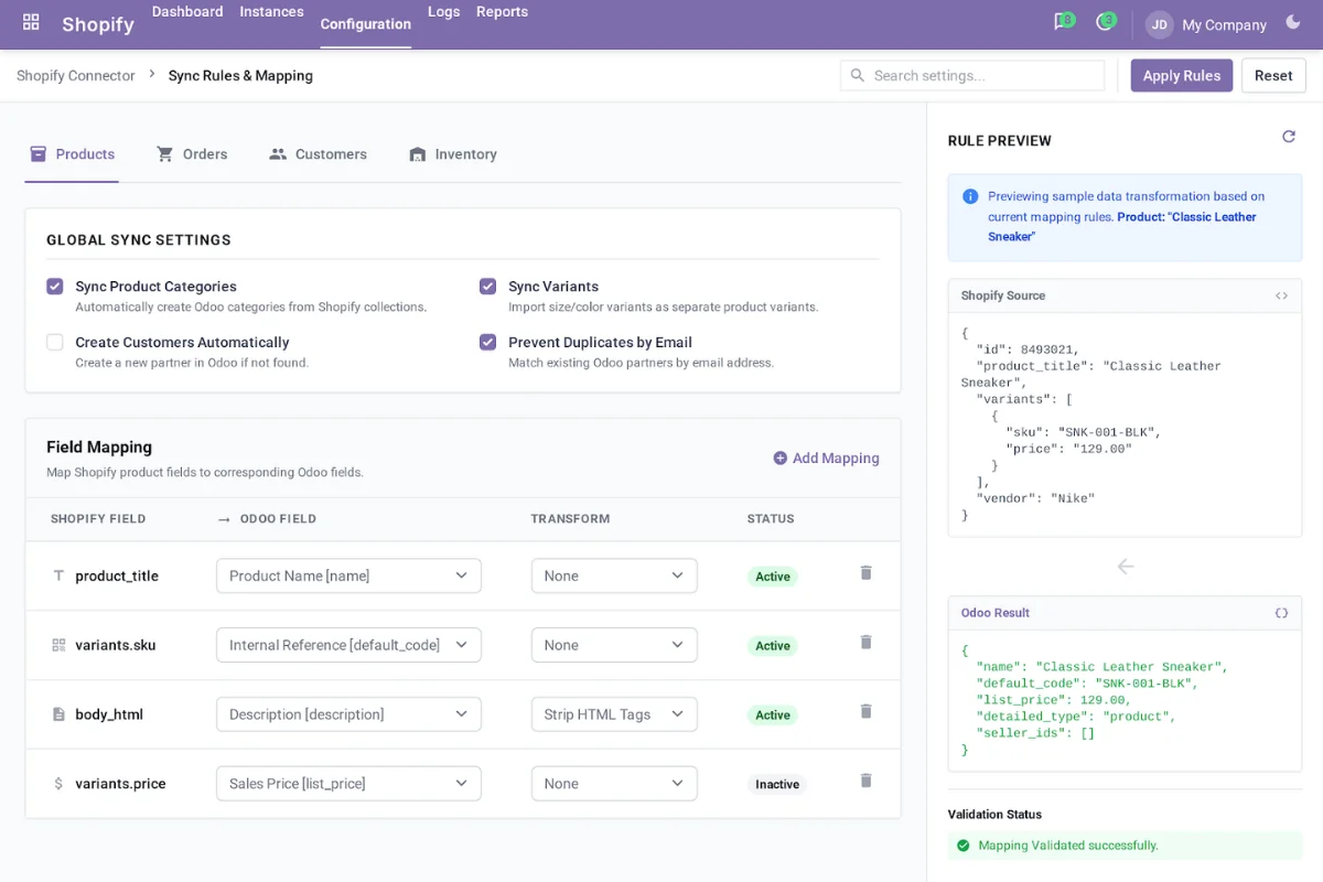 Shopify to Odoo sync rules and field mapping screen showing product, order, customer, and inventory mappings with rule preview and validation status.