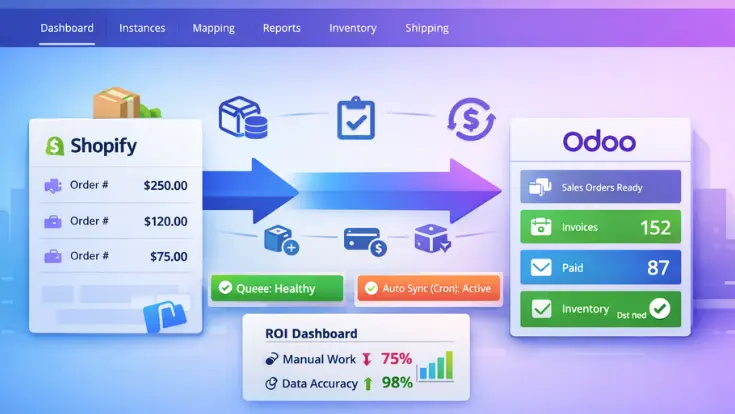 Shopify to Odoo connector for real-time order, invoice, and inventory sync