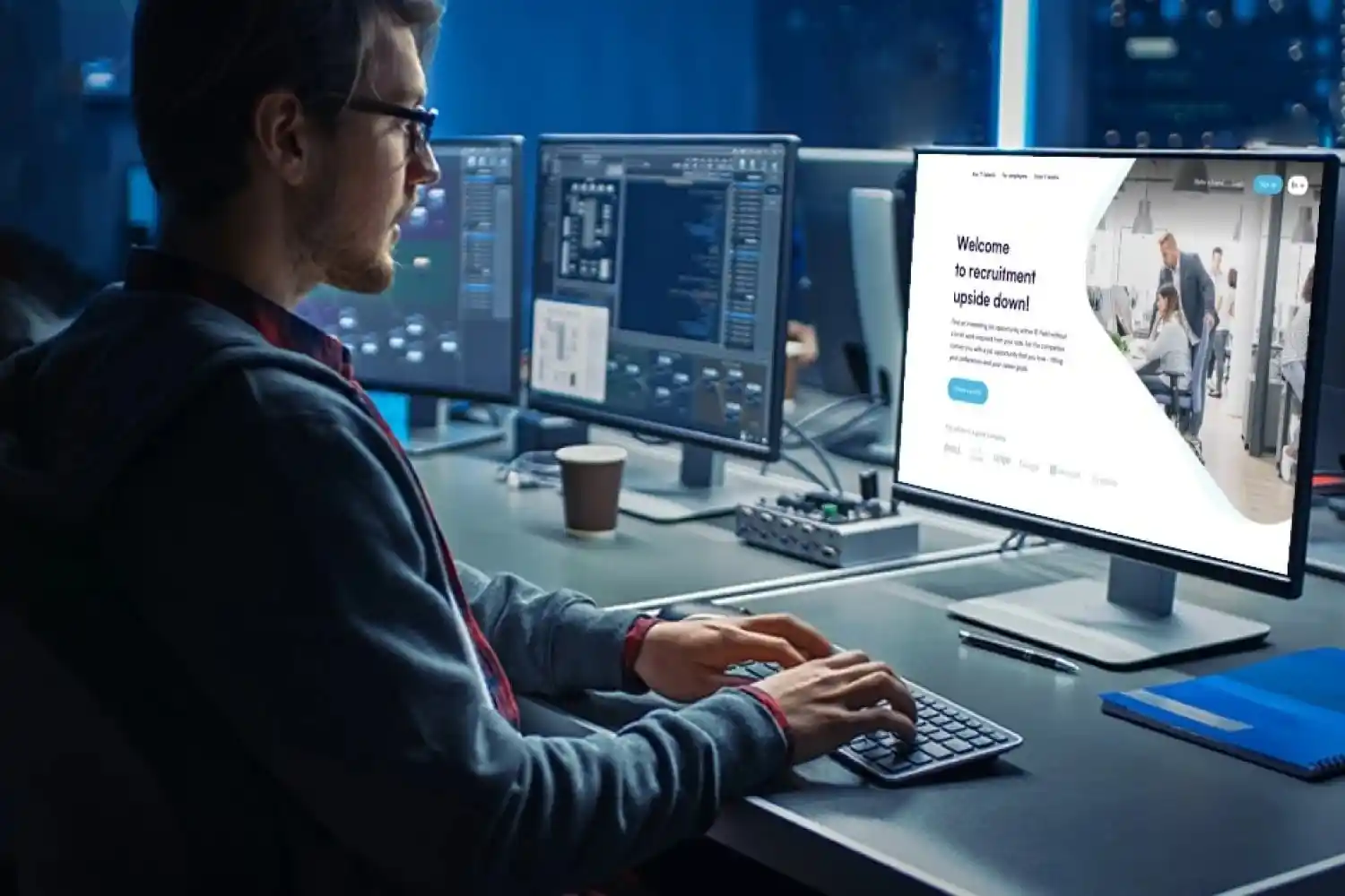 developer working on computer with multiple screens and software interface