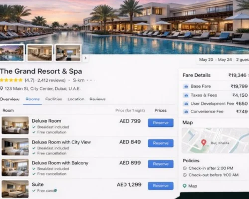 Hotel booking app showing rooms and prices