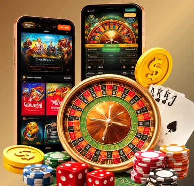White label casino mockup with roulette wheel, casino lobby on phones, and stacks of chips, coins, dice, and cards.