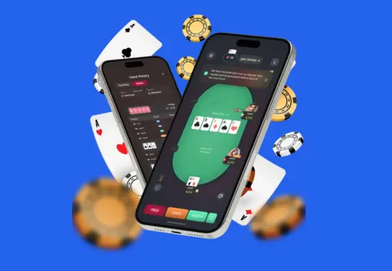 Two smartphones displaying a poker software app, with one showing a live poker table and the other a hand history screen, surrounded by floating cards and chips on a dark background.