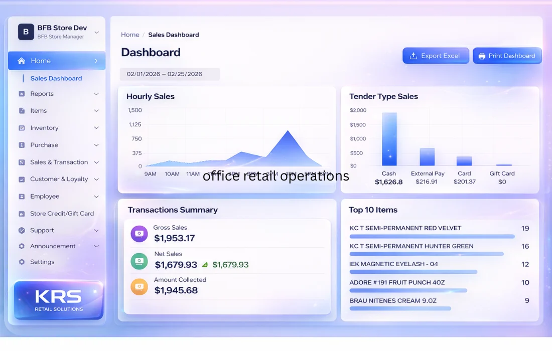 Odoo retail operations dashboard showing hourly sales, tender type sales, transaction summary, and top-selling items