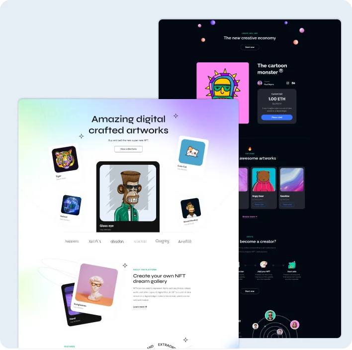NFT marketplace dashboard with digital collectible artwork