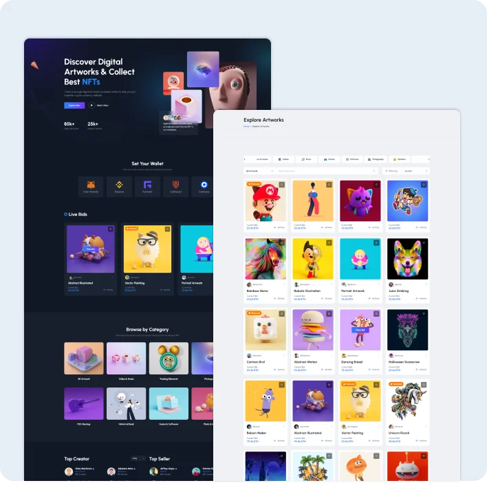 NFT marketplace dashboard and digital artwork gallery