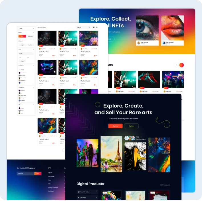 NFT marketplace website with digital artwork gallery