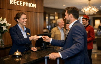 Hotel receptionist checking in a guest