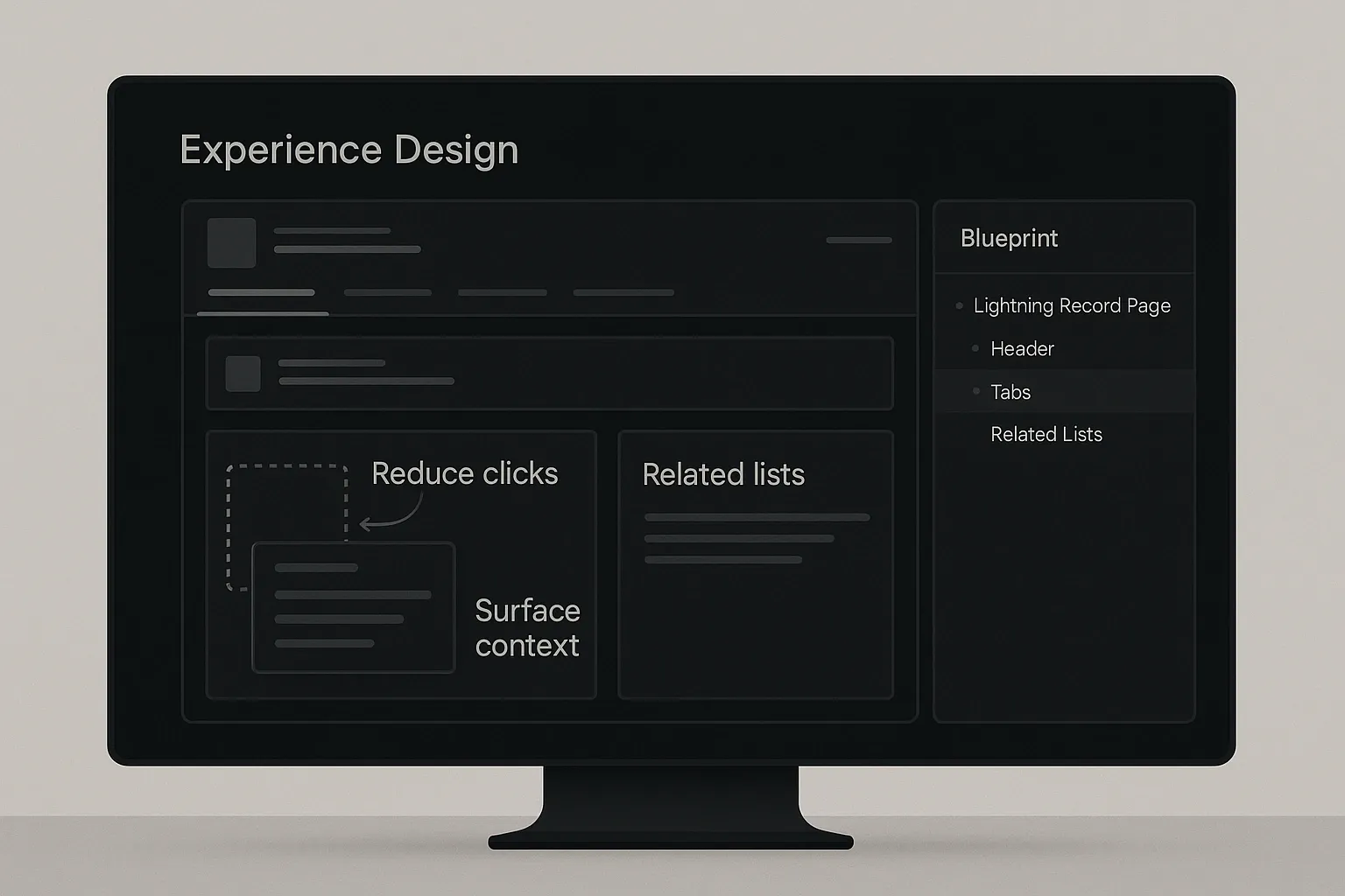 UX experience design layout with reduced clicks, related lists, and contextual view