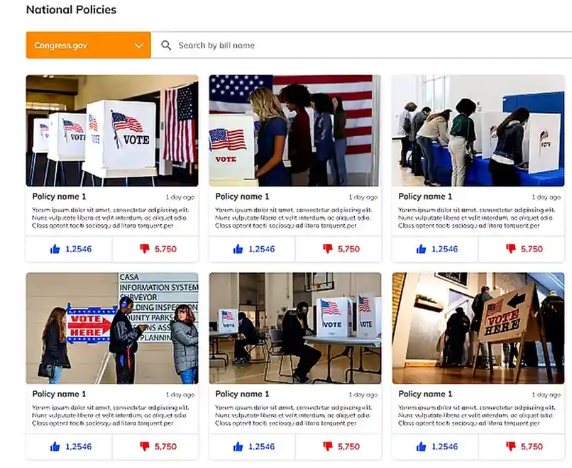 Civic tech platform interface showing policy cards and user engagement alongside product improvement steps