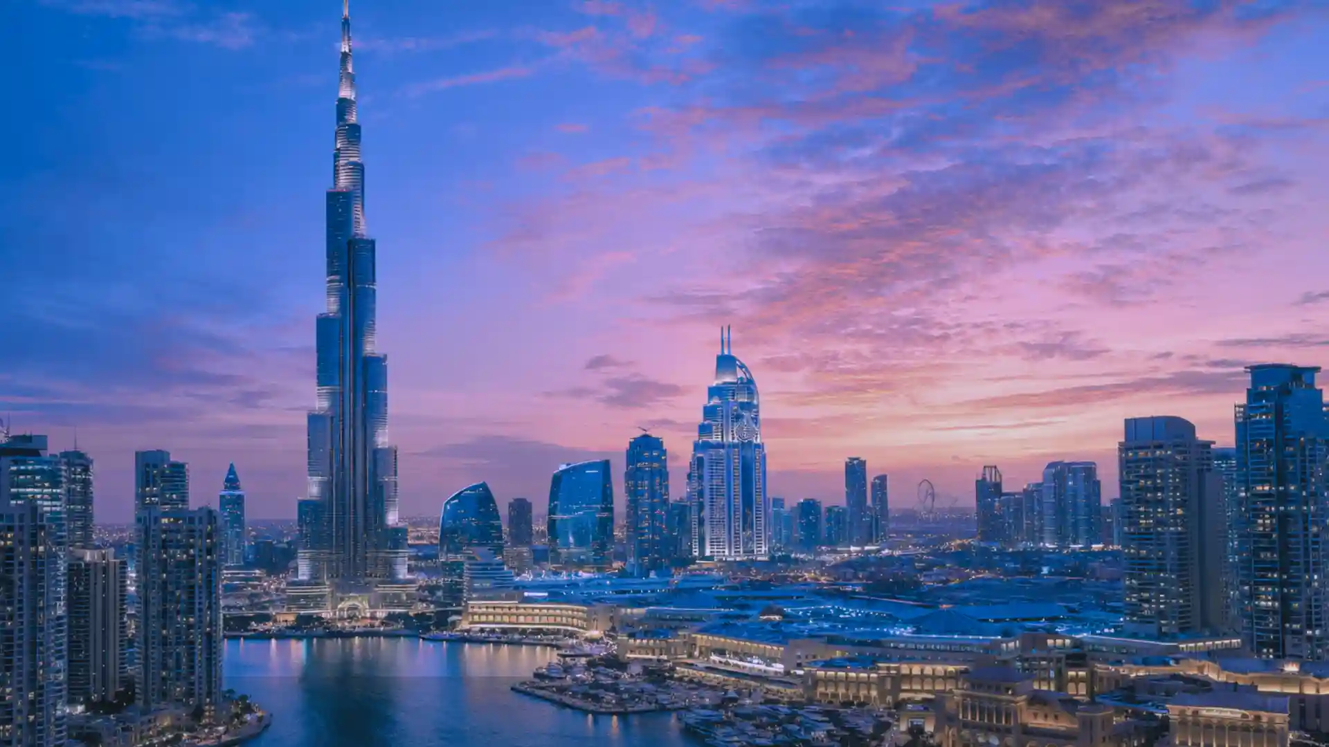 Dubai skyline with the Burj Khalifa at dusk, representing AI development services in the UAE