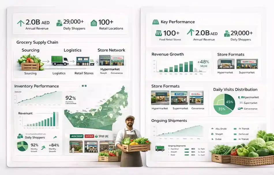 MAIR food retail network dashboard showing grocery supply chain, store formats, retail expansion metrics, and daily shopper analytics