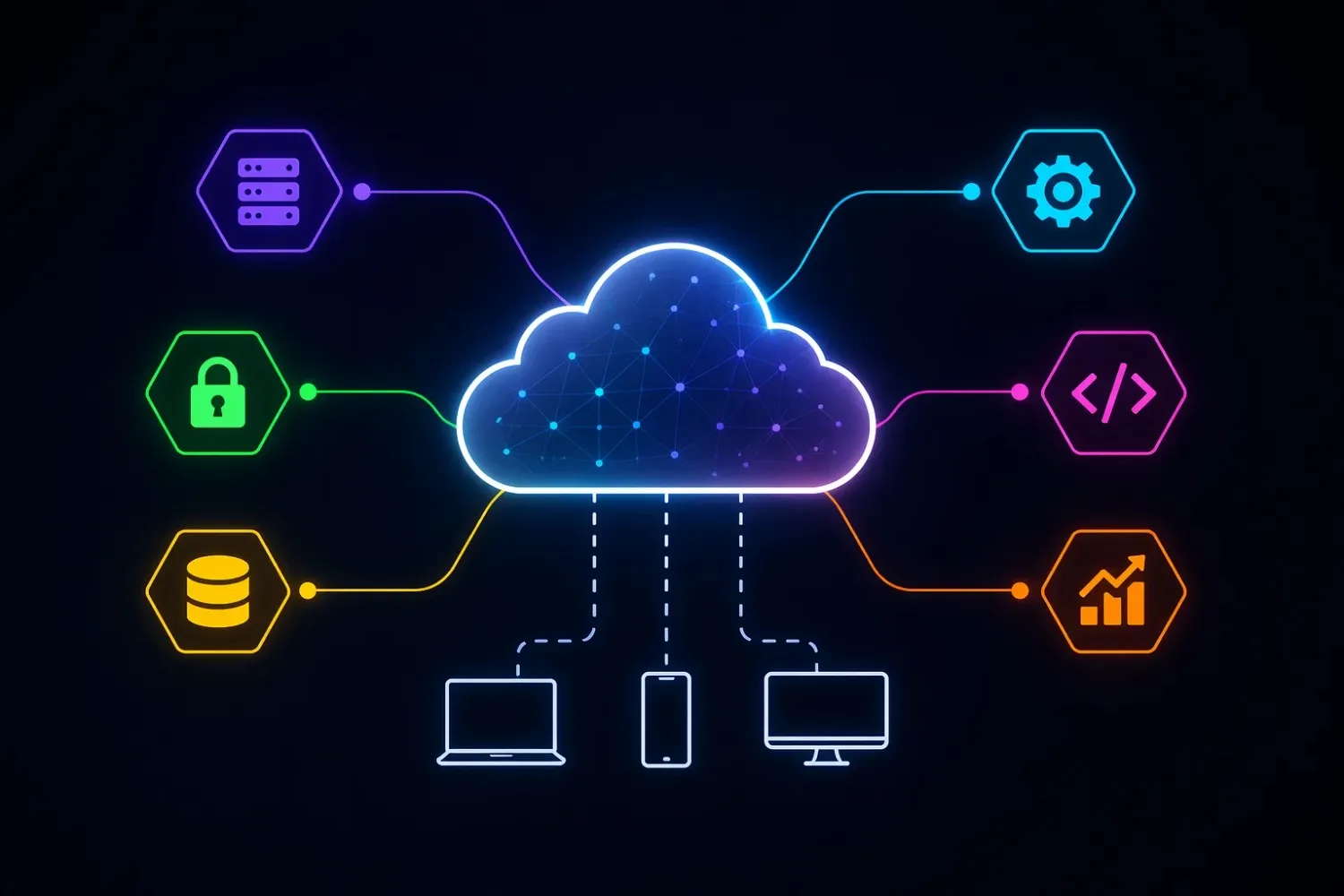 Cloud app development architecture with APIs, security, databases, and analytics integration