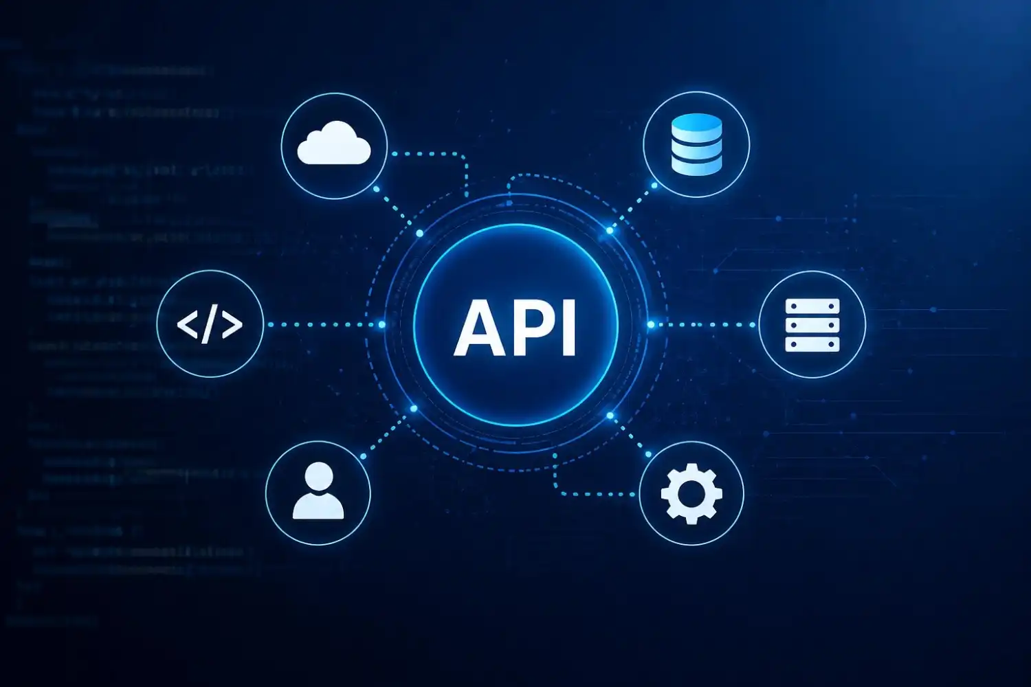 API development and integration concept showing a central interface connected to cloud, database, server, user, and code systems in a modern digital network visualization