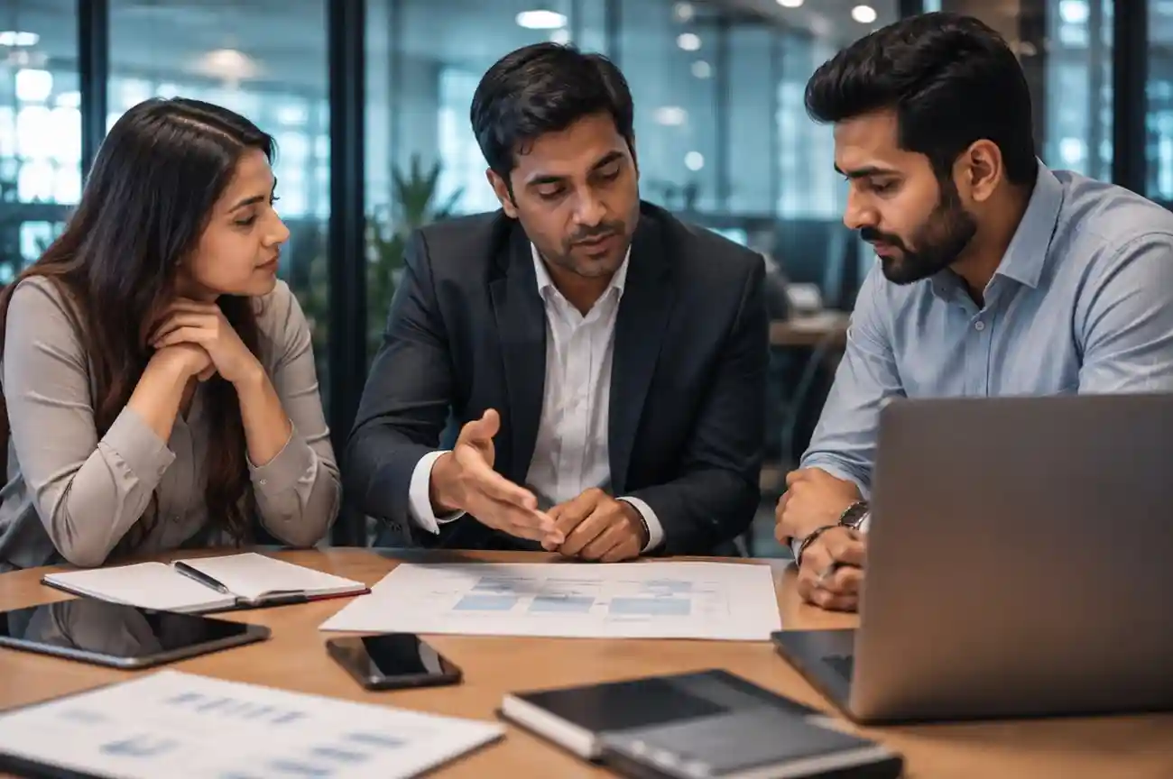 Professional software consulting team discussing digital transformation strategy in a modern office environment